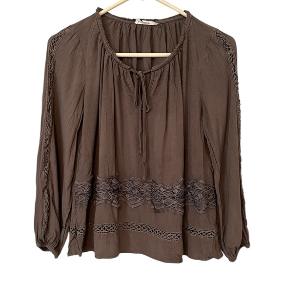 Entro Blouse Womens Size M Brown Crochet Lace Tie Neck Boho Hippie Festival - Picture 1 of 7